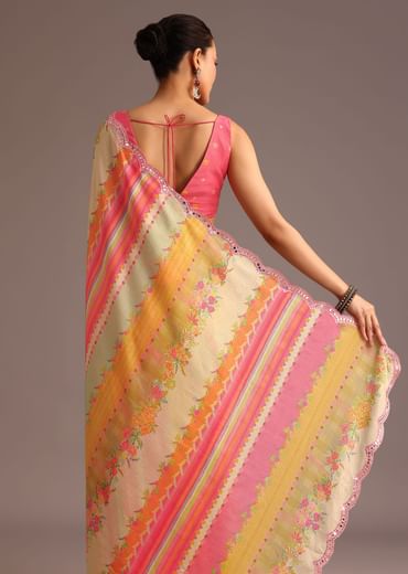 Pink Abstract Printed Muslin Saree With Unstitched Blouse