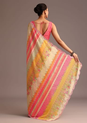 Pink Abstract Printed Muslin Saree With Unstitched Blouse