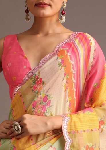 Pink Abstract Printed Muslin Saree With Unstitched Blouse