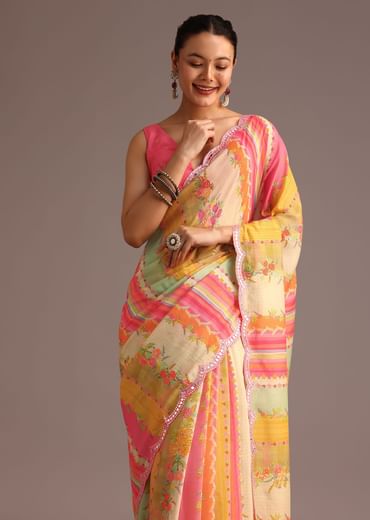 Pink Abstract Printed Muslin Saree With Unstitched Blouse