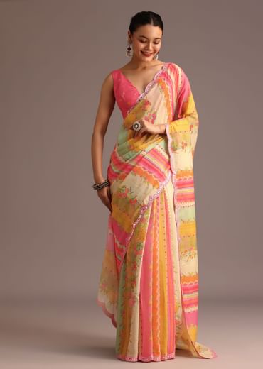 Pink Abstract Printed Muslin Saree With Unstitched Blouse