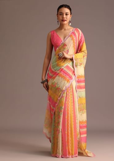 Pink Abstract Printed Muslin Saree With Unstitched Blouse