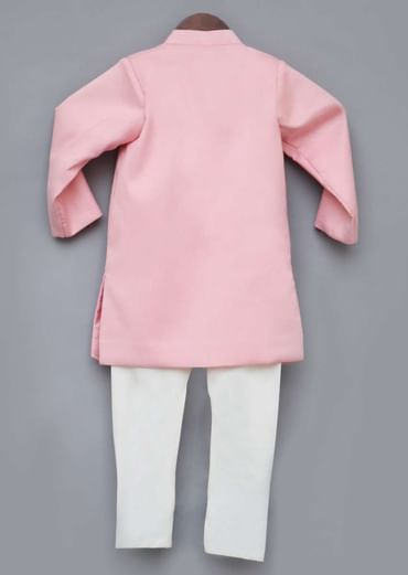 Kalki Boys Pink Ajkan And White Pants Set With Asymmetric Hem And Embroidered Patchwork In Bee Motif By Fayon Kids