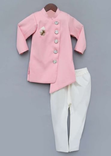 Kalki Boys Pink Ajkan And White Pants Set With Asymmetric Hem And Embroidered Patchwork In Bee Motif By Fayon Kids