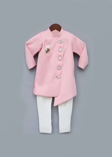 Kalki Boys Pink Ajkan And White Pants Set With Asymmetric Hem And Embroidered Patchwork In Bee Motif By Fayon Kids