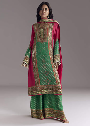 Pink And Green Printed Kurta Palazzo Set