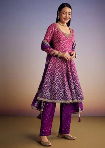 Pink And Purple Ombre Bandhani Anarkali Suit With Zardosi Neckline