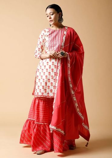 Pink And White Sharara Suit With Printed Floral Buttis And Detailed Using Zari And Gotta Lace