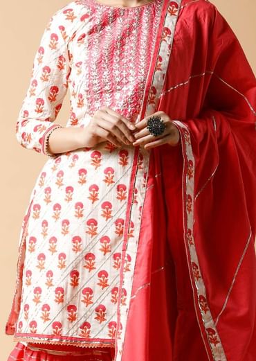 Pink And White Sharara Suit With Printed Floral Buttis And Detailed Using Zari And Gotta Lace