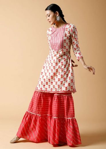 Pink And White Sharara Suit With Printed Floral Buttis And Detailed Using Zari And Gotta Lace