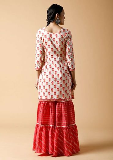 Pink And White Sharara Suit With Printed Floral Buttis And Detailed Using Zari And Gotta Lace