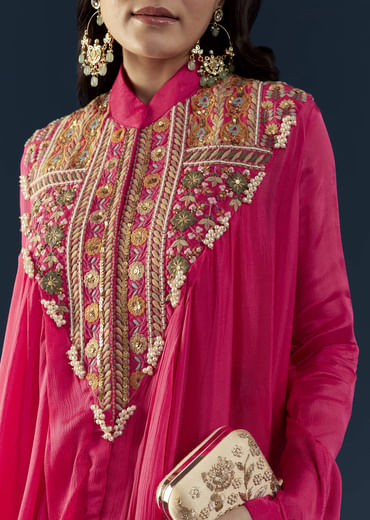 Pink Asymmetric Cape Top and Skirt Set