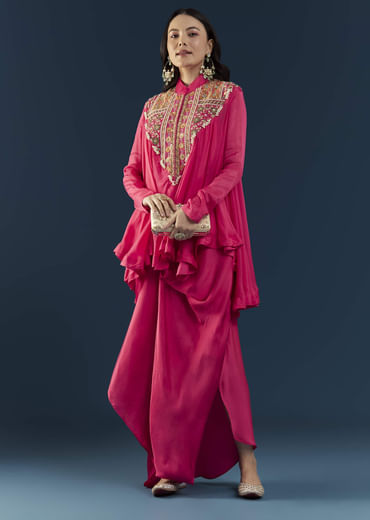 Pink Asymmetric Cape Top and Skirt Set