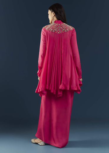 Pink Asymmetric Cape Top and Skirt Set