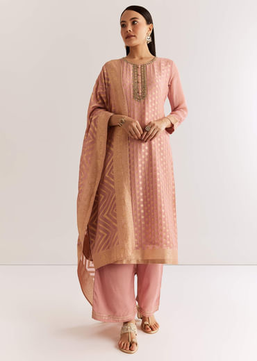 Pink Banarasi Georgette Kurta Set With Zardosi Neckline