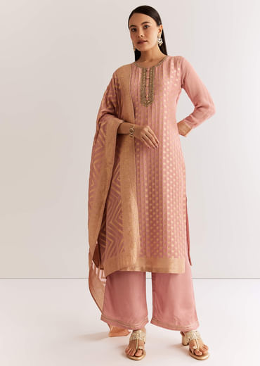 Pink Banarasi Georgette Kurta Set With Zardosi Neckline