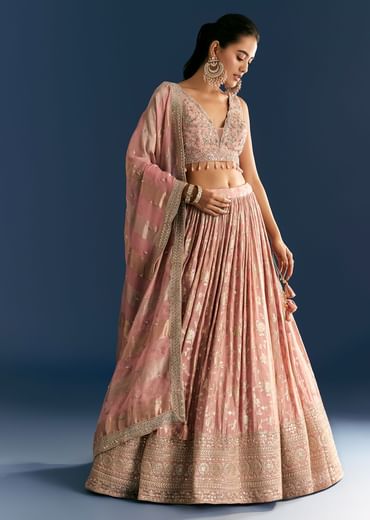 Pink Banarasi Tissue Lehenga Dupatta With Zardosi Choli