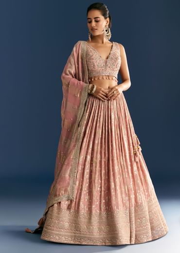 Pink Banarasi Tissue Lehenga Dupatta With Zardosi Choli
