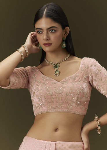 Pink Banarasi Tissue Saree With Velvet Embroidered Blouse
