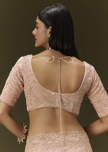 Pink Banarasi Tissue Saree With Velvet Embroidered Blouse