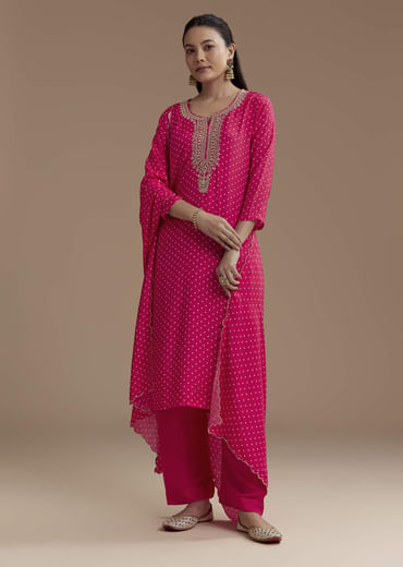 Pink Bandhani Printed Silk Kurta Set with Zari Work