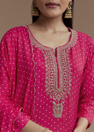 Pink Bandhani Printed Silk Kurta Set with Zari Work
