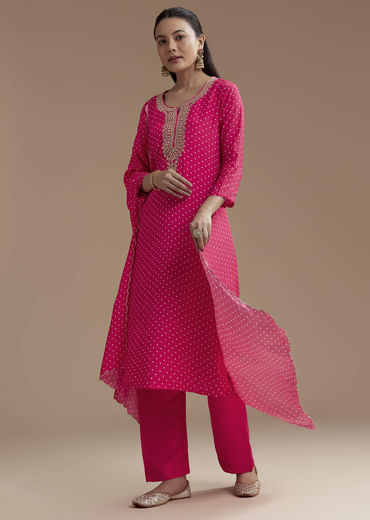 Pink Bandhani Printed Silk Kurta Set with Zari Work