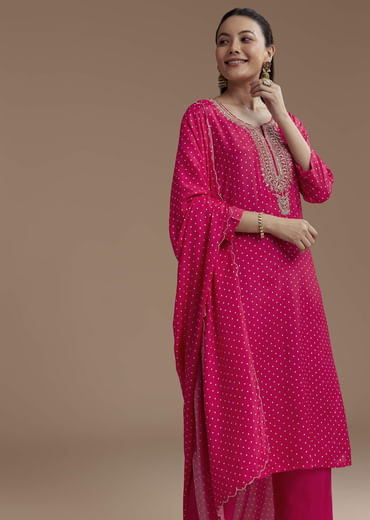 Pink Bandhani Printed Silk Kurta Set with Zari Work