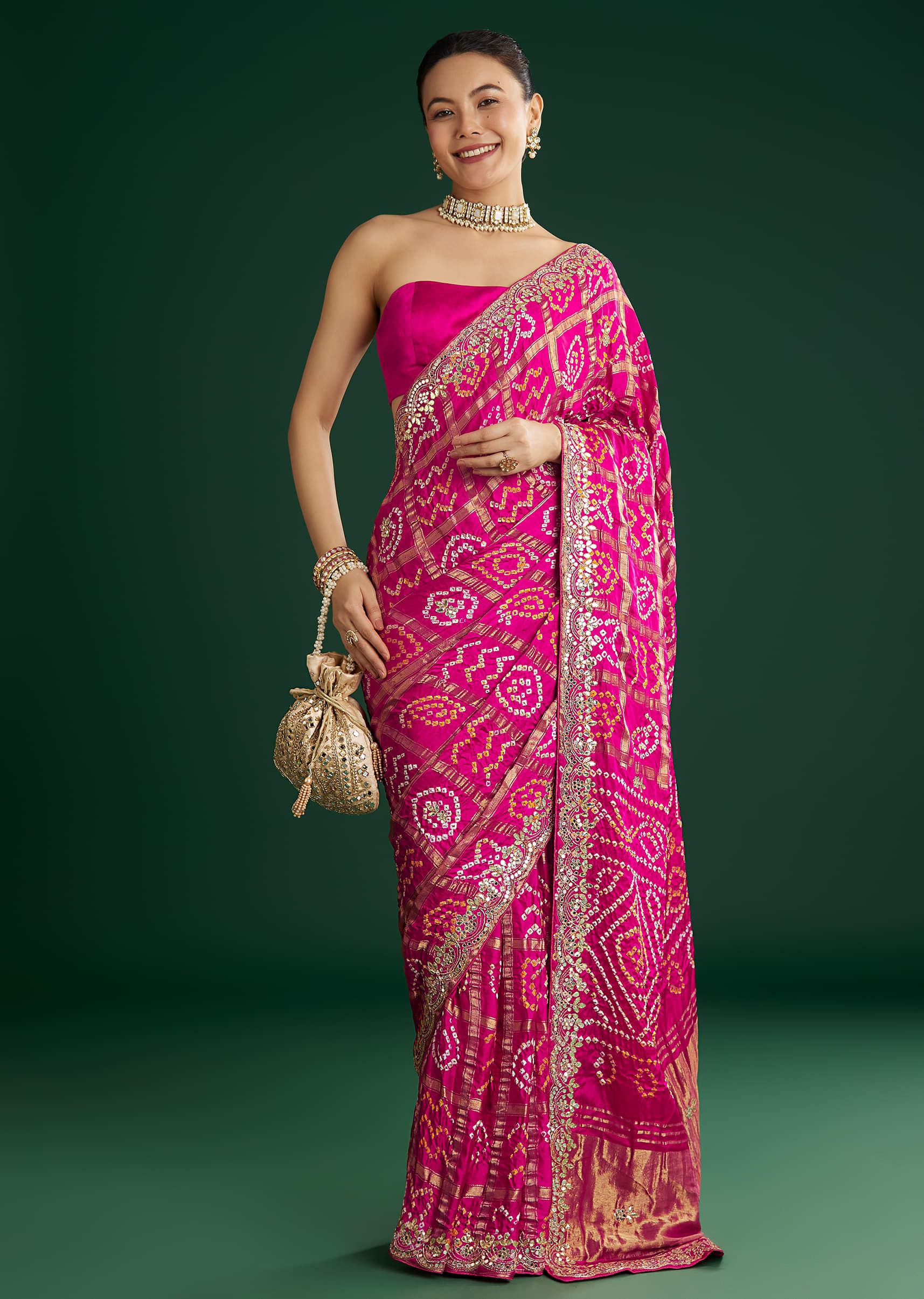 Buy Pink Bandhani Saree With Gota Work | KALKI FASHION UK