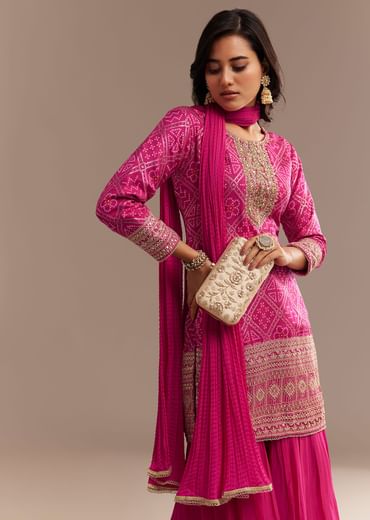 Pink Bandhani Zardosi Sharara Set
