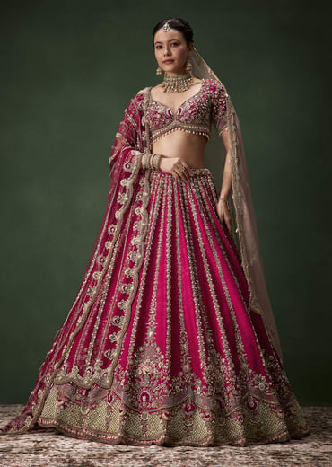 Pink Bridal Raw Silk Zardozi Lehenga Set with Two Dupattas