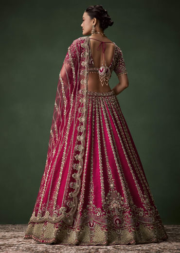 Pink Bridal Raw Silk Zardozi Lehenga Set with Two Dupattas