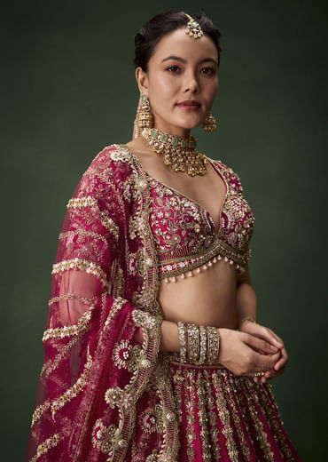 Pink Bridal Raw Silk Zardozi Lehenga Set with Two Dupattas