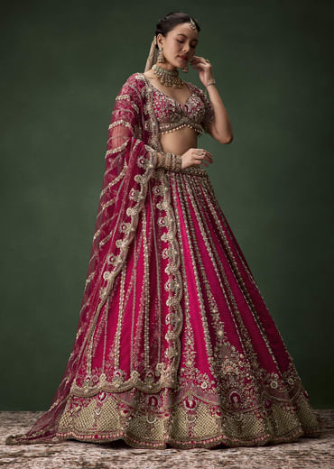 Pink Bridal Raw Silk Zardozi Lehenga Set with Two Dupattas