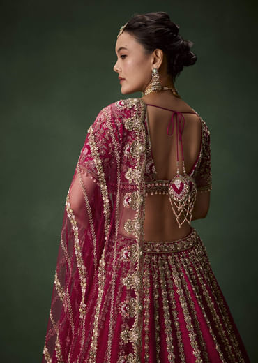 Pink Bridal Raw Silk Zardozi Lehenga Set with Two Dupattas
