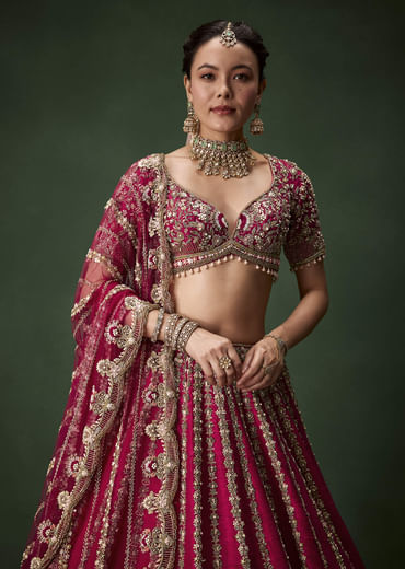 Pink Bridal Raw Silk Zardozi Lehenga Set with Two Dupattas