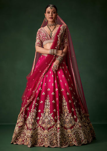 Pink Bridal Silk Lehenga Set with  Two Dupattas