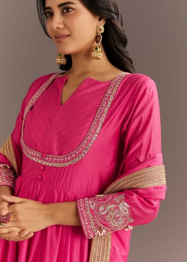 Pink Chanderi Anarkali With Gotta Moti Neckline And Lace Dupatta