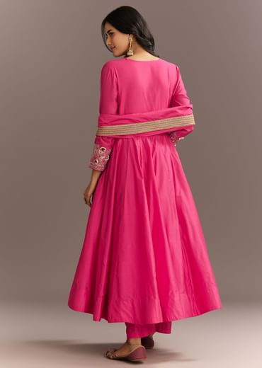 Pink Chanderi Anarkali With Gotta Moti Neckline And Lace Dupatta