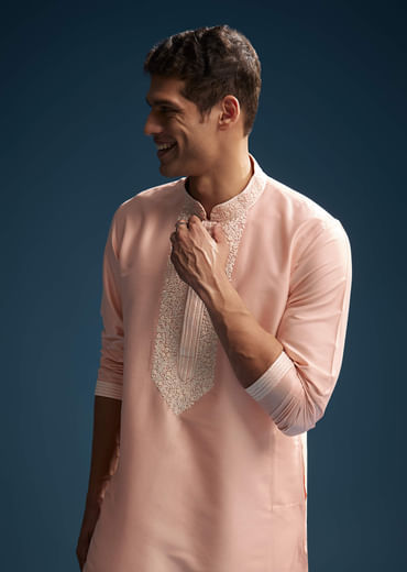 Pink Chanderi Kurta Set For Men With Kashmiri Hand Work