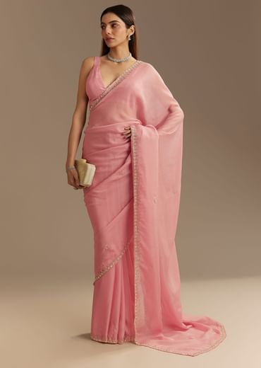 Pink Chinnon Saree With Cutdana Sequins Embroidery And Scallop Border