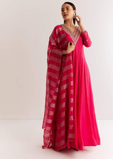 Pink Chinon Anarkali Set With Zardosi Sequins And Cutdana Work