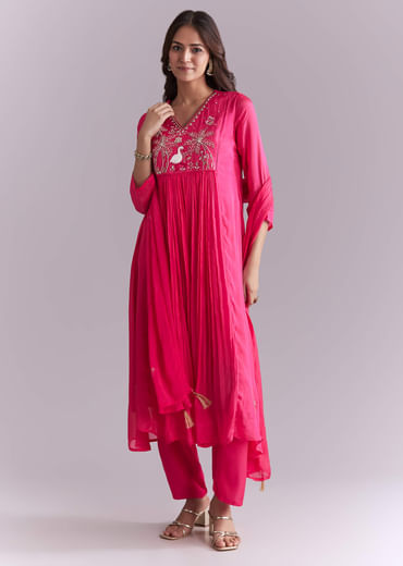Pink Chinon Anarkali Suit With Moti And Resham Embroidery