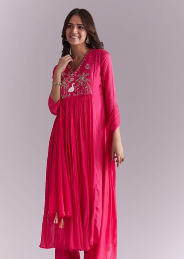 Pink Chinon Anarkali Suit With Moti And Resham Embroidery