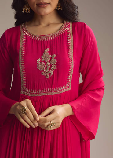 Pink Chinon Anarkali Suit With Zari Work