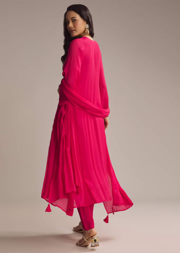 Pink Chinon Anarkali Suit With Zari Work