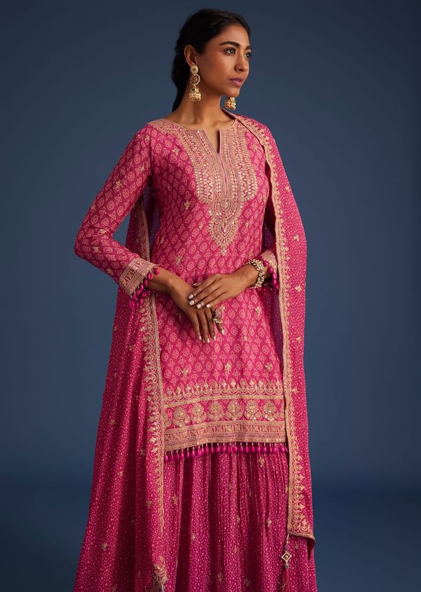 Pink Chinon Bandhani Palazzo Set
