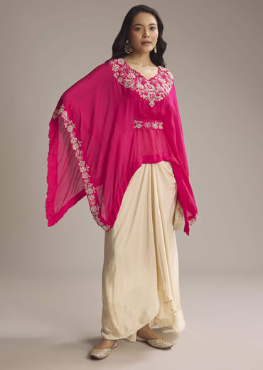 Pink Chinon Crop Top Skirt With Sequins And Moti Work