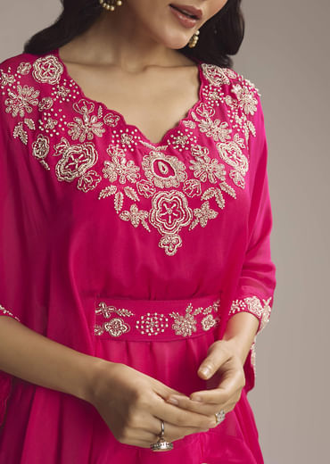 Pink Chinon Crop Top Skirt With Sequins And Moti Work