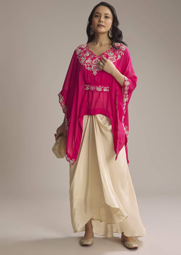 Pink Chinon Crop Top Skirt With Sequins And Moti Work